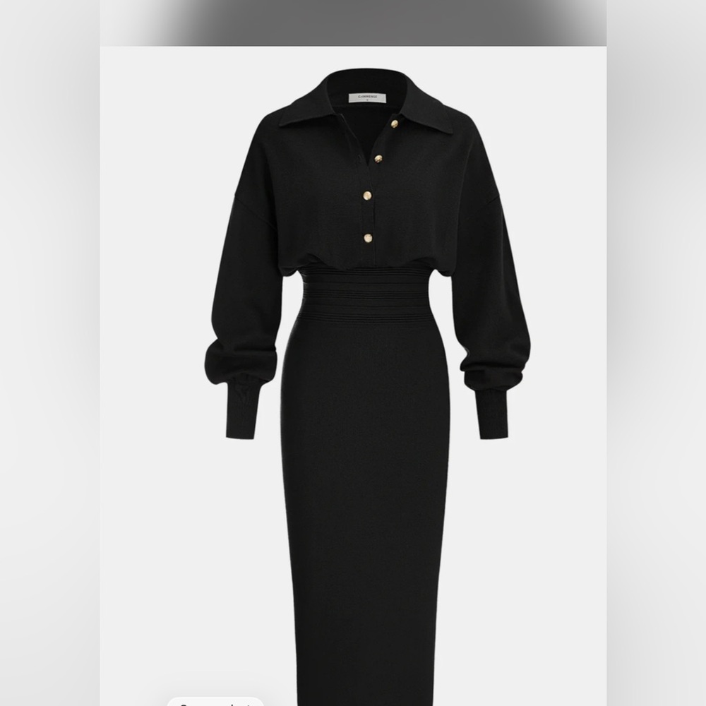 Commense Black Long Sleeve Dress with Gold Buttons